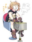  :d ahoge ankle_boots asphalt_cutter asphalt_cutter_(ole_tower) bad_id bad_pixiv_id bare_shoulders boots brown_footwear brown_gloves cape chair dress full_body glasses gloves muhirora ole_tower open_mouth orange_hair short_hair simple_background sitting smile smoke soldering soldering_iron solo steam translation_request v-shaped_eyebrows 