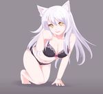  all_fours animal_ears bad_id bad_pixiv_id bakemonogatari barefoot black_hanekawa bra breasts cat_ears cleavage fang grey_background hanekawa_tsubasa highres large_breasts long_hair looking_at_viewer monogatari_(series) nao_(ritsancrossover) navel open_mouth panties paw_pose simple_background smile solo underwear white_hair yellow_eyes 