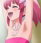  ^_^ aino_megumi armpits arms_up bare_shoulders closed_eyes happinesscharge_precure! haruyama_kazunori jewelry necklace open_mouth ponytail precure red_hair short_hair solo 