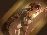  1girl alicia_melchiott apron blush breasts brown_eyes brown_hair censored collarbone cum cum_on_hair facial highres jewelry kanna_asuke kneeling large_breasts long_hair necklace open_mouth penis ponytail pregnant senjou_no_valkyria senjou_no_valkyria_1 shoes smile standing tongue 