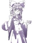  :p ascot bow breast_slip breasts cosplay cup detached_sleeves futatsuiwa_mamizou glasses hair_bow hair_tubes hakurei_reimu hakurei_reimu_(cosplay) highres holding inverted_nipples large_breasts leaf leaf_on_head looking_at_viewer monochrome navel nipples no_bra one_breast_out raccoon_tail sakazuki shirt_lift simple_background skirt sly_(slykick) solo tail tongue tongue_out touhou white_background wide_sleeves 