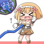  &gt;_&lt; 1girl bangs blonde_hair blush boots breast_sucking breasts brown_footwear brown_shorts bug chibi clenched_hands commentary_request endro! eyebrows_visible_through_hair eyes_closed facing_viewer fai_fai flower gloves hair_flower hair_ornament hana_kazari large_breasts monster open_mouth pink_flower punching short_shorts shorts solo spider standing translation_request wavy_mouth white_background white_gloves 
