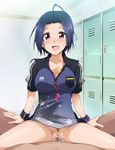  :d blue_hair blush bottomless breasts censored cleavage cowgirl_position cum cum_in_pussy girl_on_top happy highres idolmaster idolmaster_(classic) idolmaster_million_live! kaiga large_breasts legs looking_at_viewer lying miura_azusa mosaic_censoring no_panties open_mouth penis pink_eyes polo_shirt pubic_hair pussy sex short_hair sitting sitting_on_person smile sportswear straddling sweat thighs vaginal watch whistle wristband 