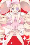  blonde_hair blue_eyes bow dress earrings eyepatch gum_(vivid_garden) hair_bow harime_nui heart huge_bow jewelry kill_la_kill long_hair pink_bow smile solo twintails 