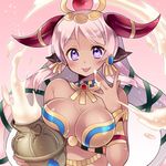  animal_ears armlet blush breast_press breasts cleavage cow_ears dark_skin egyptian gradient gradient_background hair_ornament hathor_(p&amp;d) heart heart-shaped_pupils holding horns jar jewelry kaki_s large_breasts light_particles long_hair looking_at_viewer necklace outline pink_hair purple_eyes puzzle_&amp;_dragons smile solo symbol-shaped_pupils tongue tongue_out very_long_hair 