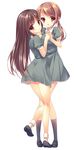  absurdres brown_eyes brown_hair dress face-to-face highres holding_hands kneehighs legs long_hair looking_at_viewer looking_back multiple_girls nametakenoko original ponytail smile socks 