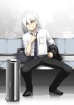  belt black_neckwear buckle caffein clenched_teeth collarbone collared_shirt full_body hair_between_eyes highres honne_dell jacket looking_away male_focus necktie pants pocket red_eyes shirt short_sleeves sitting solo sweat sweatdrop teeth vocaloid voyakiloid white_hair white_shirt 