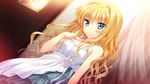  bare_shoulders blonde_hair blue_eyes blush casual dress dutch_angle eve_elain_austin game_cg hair_intakes hand_on_own_chest highres jewelry koiken_otome lamp long_hair looking_at_viewer necklace official_art smile solo tateha_(marvelous_grace) wavy_hair 