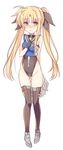  arm_behind_back black_legwear blonde_hair blush fate_testarossa full_body groin hair_ribbon hand_on_own_chest highres leotard long_hair lyrical_nanoha mahou_shoujo_lyrical_nanoha mahou_shoujo_lyrical_nanoha_a's orange_eyes pigeon-toed pom_poms raiou ribbon solo standing thighhighs twintails very_long_hair white_background 