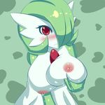  1girl blush breasts gardevoir green_hair huge_breasts inverted_nipples jcdr lactation nipples nougat_(jcdr) pokemon red_eyes solo 