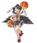  adapted_costume arm_up armpits black_hair black_wings blush breasts brown_eyes cheerleader fun_bo geta hat looking_at_viewer marisa_to_alice_no_cookie_storia medium_breasts navel one_eye_closed open_mouth pom_pom_(clothes) pom_poms shameimaru_aya shirt short_hair simple_background skirt sleeveless sleeveless_shirt smile solo tengu-geta tokin_hat touhou white_background wings 