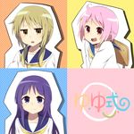  :d ahoge bad_id bad_pixiv_id blue_sailor_collar copyright_name hinata_yukari ichii_yui light_brown_hair long_hair looking_at_viewer multiple_girls nonohara_yuzuko open_mouth pink_hair purple_eyes purple_hair red_eyes sailor_collar school_uniform school_uniform_(yuyushiki) serafuku short_hair smile yellow_eyes yukichi_(eikichi) yuyushiki 