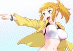  :d blue_eyes bouncing_breasts bracelet breasts covered_nipples gundam gundam_build_fighters gundam_build_fighters_try hood hoodie hoshino_fumina jewelry large_breasts midriff navel open_mouth pointing polka_dot polka_dot_background ponytail scrunchie shiny shiny_hair smile solo sports_bra ueyama_michirou 