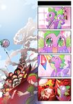  4girls 4koma ^_^ black_hair blonde_hair breasts buzz_lightyear character_request chocola_(don_dracula) closed_eyes comic crossover don_dracula don_dracula_(character) eating explosion fang flandre_scarlet gem green_eyes hong_meiling large_breasts ling_xiaoyu multiple_boys multiple_girls my_little_pony my_little_pony_friendship_is_magic open_mouth poster_(object) red_eyes red_hair scarlet_devil_mansion sheriff_woody spike_(my_little_pony) sweat tears tekken touhou toy_story twintails wings xin_yu_hua_yin 