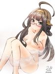  ahoge bad_id bad_pixiv_id bathing bespectacled blush breasts brown_hair covering covering_breasts glasses hairband kantai_collection kongou_(kantai_collection) long_hair medium_breasts nekobaka nude partially_submerged simple_background solo water white_background 