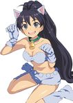  animal_ears bell black_hair blue_eyes choker ganaha_hibiki gloves highres idolmaster idolmaster_(classic) long_hair midriff mitsuki_(goomoku) paw_pose ponytail sitting smile solo wariza 