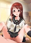  1girl blush breasts brown_hair censored classroom desk highres idolmaster idolmaster_million_live! kaiga legs long_hair looking_at_viewer no_panties open_mouth penis pubic_hair pussy red_eyes school_uniform sex sitting skirt smile spread_legs tanaka_kotoha thighs vaginal 