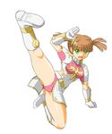  belt boots brown_hair chinese_clothes full_body gloves green_eyes hair_ornament hairpin highres irene_(shining_force) kicking knee_boots murasaki2007 panties pink_panties shining_(series) shining_force_iii short_hair solo twintails underwear white_background 