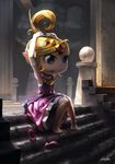  adjusting_hair artstation_sample barefoot blonde_hair blue_eyes cassio_yoshiyaki dress elbow_gloves forehead_jewel gloves high_ponytail highres image_sample long_hair pigeon-toed pink_dress pointy_ears princess_zelda shoes_removed solo stairs the_legend_of_zelda the_legend_of_zelda:_the_wind_waker tiara toes white_gloves 