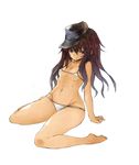  akatsuki_(kantai_collection) alternate_costume arm_support bare_legs barefoot bikini blue_eyes breasts brown_hair full_body gond hat kantai_collection long_hair micro_bikini simple_background sitting small_breasts smile solo swimsuit wariza white_background white_bikini 