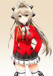  1girl ahoge amagi_brilliant_park antenna_hair blush breasts brown_eyes brown_hair hair_ribbon highres large_breasts legs long_hair looking_at_viewer miniskirt ponytail ribbon sento_isuzu skirt solo standing thighhighs thighs uniform white_legwear white_thighhighs yellow_eyes zettai_ryouiki 