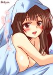  bare_arms bare_shoulders blanket blush breasts brown_eyes brown_hair cleavage kantai_collection kongou_(kantai_collection) large_breasts long_hair lying on_bed on_stomach solo translated twitter_username under_covers yua_(checkmate) 