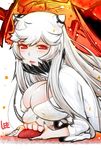  artist_name blush breasts cleavage covered_nipples dress horns kantai_collection large_breasts lee_(colt) lips long_hair looking_at_viewer midway_hime pale_skin parted_lips red_eyes shinkaisei-kan solo very_long_hair white_dress white_hair 