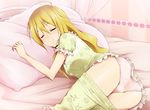  1girl ass bed blonde_hair blush breasts curtains eyes_closed highres hoshii_miki idolmaster kaiga legs long_hair lying on_side pajamas panties pants_pull pillow pink_panties sleeping smile solo thighs underwear 