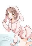  all_fours animal_hood bare_legs brown_hair bunny_hood bunny_pajamas bunny_tail collarbone highres hood looking_at_viewer love_live! love_live!_school_idol_project minami_kotori simple_background solo suito tail white_background yellow_eyes 