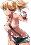  armpits blue_eyes blush breasts cleavage collarbone denim denim_shorts eyebrows_visible_through_hair holding holding_poke_ball kasumi_(pokemon) large_breasts looking_at_viewer naso4 navel orange_hair poke_ball poke_ball_(generic) pokemon pokemon_(anime) pokemon_(classic_anime) shiny shiny_skin short_hair short_shorts shorts side_ponytail simple_background sketch solo suspenders underboob white_background wide_hips wristband 