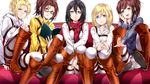  5girls annie_leonhardt black_hair blonde_hair blue_eyes book brown_hair christa_renz glasses hange_zoe highres long_hair mikasa_ackerman multiple_girls sasha_braus shingeki_no_kyojin sitting smile 