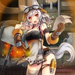  :d animal_ears arm_strap blush breasts cleavage fangs fox_ears fox_tail gloves goggles goggles_on_head hammer juke large_breasts looking_at_viewer open_mouth orange_eyes original short_hair smile solo tail thigh_strap white_hair wrench 