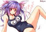  bangs bare_shoulders blush breasts cleavage collarbone covered_navel gradient_hair hair_ribbon heart i-19_(kantai_collection) kantai_collection large_breasts long_hair looking_at_viewer multicolored_hair name_tag one-piece_swimsuit pink_eyes pink_hair purple_hair ribbon school_swimsuit smile solo spread_legs star star-shaped_pupils swimsuit symbol-shaped_pupils twintails twitter_username yua_(checkmate) 