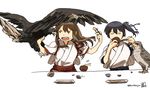  akagi_(kantai_collection) bird bowl chopsticks eating falcon japanese_clothes kaga_(kantai_collection) kantai_collection long_hair multiple_girls side_ponytail spread_wings tora_jun wings 