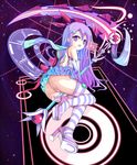  ass bare_shoulders between_legs dress fang hair_ornament hairclip high_heels long_hair magical_girl open_mouth original panties power_symbol purple_eyes purple_hair scythe striped striped_legwear tattoo thighhighs underwear vils weapon 