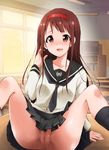  1girl anus blush breasts brown_hair censored classroom desk highres idolmaster idolmaster_million_live! kaiga legs long_hair looking_at_viewer no_panties open_mouth pubic_hair pussy red_eyes school_uniform sitting skirt smile solo spread_legs tanaka_kotoha thighs 