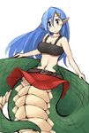 asymmetrical_hair bandeau belt blue_eyes blue_hair breasts cleavage collarbone hair_between_eyes hair_ornament hairclip kaginoni lamia large_breasts long_hair looking_at_viewer monster_girl navel original pointy_ears red_skirt scales simple_background skirt smile solo strapless white_background 
