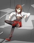  archer bike_shorts blush brown_eyes brown_hair crossed_legs debris fate/stay_night fate_(series) flat_chest headband headgear highres kantai_collection kinosuke_(sositeimanoga) looking_at_viewer one_eye_closed open_mouth parody pleated_skirt short_hair sitting skirt smile solo taihou_(kantai_collection) thighhighs 