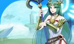 armband bare_shoulders breasts floating_island goddess green_eyes green_hair hair_ornament halo highres jewelry kid_icarus long_hair looking_at_viewer medium_breasts moon mow_(m_mow) necklace palutena scenery smile solo staff super_smash_bros. weapon wings 