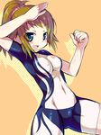  blue_eyes breasts brown_hair clenched_hand covered_navel covered_nipples gundam gundam_build_fighters gundam_build_fighters_try hoshino_fumina kanibasami medium_breasts ponytail scrunchie solo spandex 