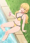  2014 :d ;d arm_support artist_name bare_shoulders bikini blonde_hair breasts can cleavage collarbone dated grass highres large_breasts navel one_eye_closed open_mouth original partially_submerged pool scrunchie shiny shiny_skin sitting smile soda_can solo stormcow swimsuit twintails water yellow_eyes 