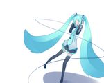  absurdly_long_hair blue_hair closed_eyes dancing detached_sleeves full_body hands_on_headphones hatsune_miku headphones kaginoni long_hair necktie shadow simple_background skirt smile solo tattoo thighhighs twintails very_long_hair vocaloid white_background 
