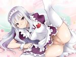  1girl anus blush breasts censored highres idolmaster kaiga large_breasts leg_up legs long_hair looking_at_viewer lying maid maid_headdress no_panties on_side pink_eyes pubic_hair pussy shijou_takane silver_hair simple_background smile solo thighs white_legwear wrist_cuffs 
