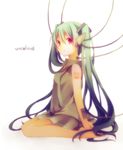  barefoot cable green_hair hatsune_miku kuroi_(liar-player) long_hair looking_at_viewer red_eyes sitting solo twintails very_long_hair vocaloid wariza 