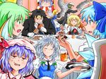  blue_hair braid broly cake cirno daiyousei dragon_ball dragon_ball_z eating fairy_maid food glass hat izayoi_sakuya maid maid_headdress multiple_girls ohoho red_eyes remilia_scarlet rumia short_hair silver_hair touhou twin_braids wings 