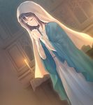  brown_hair candle candlelight closed_eyes dress dutch_angle flowers_(innocent_grey) game_cg hands_clasped highres indoors kousaka_mayuri long_sleeves official_art own_hands_together praying short_hair solo sugina_miki window 
