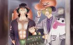  2boys bag blonde_hair cigarette earrings formal green_hair hair_over_one_eye halloween hand_on_hat hand_on_headwear haramaki hat jewelry mayo_(kilarc) multiple_boys one-eyed one_piece open_clothes open_shirt roronoa_zoro sanji scar shirt suit 