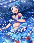  :d audience black_hair blue_eyes earrings idolmaster idolmaster_million_live! jewelry lens_flare microphone midriff mogami_shizuka music necklace off_shoulder official_art open_mouth singing skirt smile solo stage_lights thigh_strap v-shaped_eyebrows 