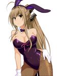  ahoge amagi_brilliant_park animal_ears bare_shoulders blush bow bowtie breasts brown_hair bunny_ears bunny_girl bunnysuit cleavage covered_navel detached_collar fishnet_pantyhose fishnets gloves hair_ornament hair_ribbon large_breasts leotard long_hair looking_at_viewer pantyhose ponytail ribbon sento_isuzu simple_background solo standing sweat sweatdrop thighs third-party_edit white_background yellow_eyes 