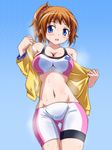  bike_shorts blue_background blue_eyes breasts brown_hair cleavage gundam gundam_build_fighters gundam_build_fighters_try hoshino_fumina jacket kikuchi_tsutomu large_breasts midriff navel ponytail scrunchie solo sports_bra steaming_body sweat 